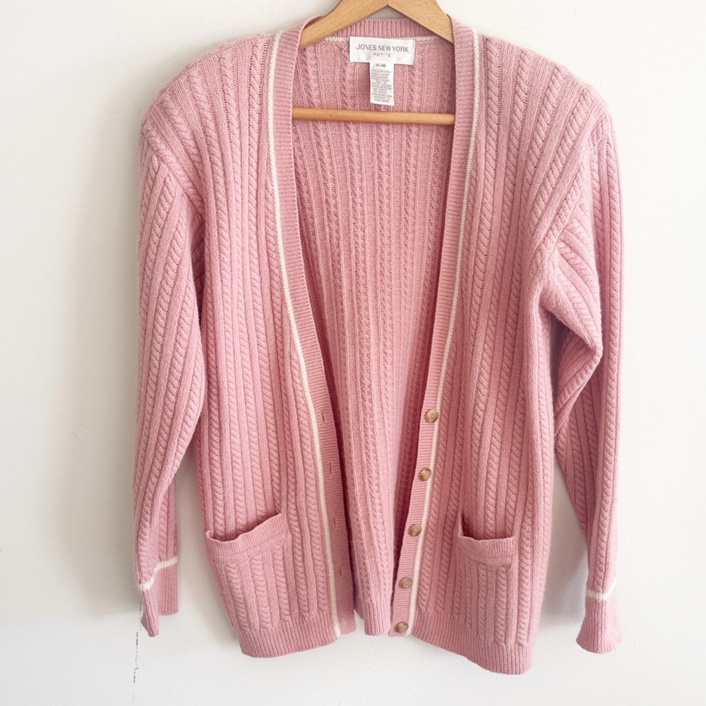 Vintage 90s Jones New York pink knit academia long sleeve wool angora cardigan M